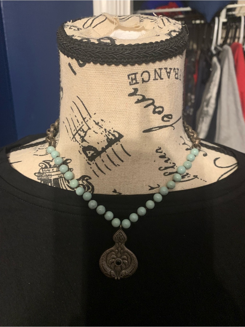 Lucky Brand Aqua Bead Necklace with Antique Brass Pendant